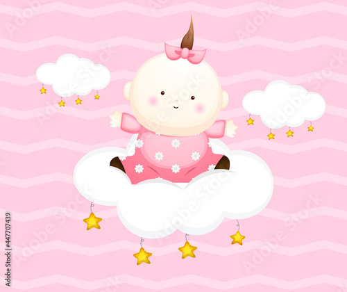 Cute baby girl card cartoon character. Baby sit on the cloud illustration Premium Vector