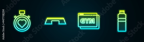 Set line Heart in the center stopwatch, Step platform, Online fitness and training and Fitness shaker. Glowing neon icon. Vector