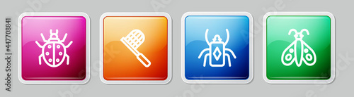 Set line Mite, Butterfly net, Beetle bug and . Colorful square button. Vector