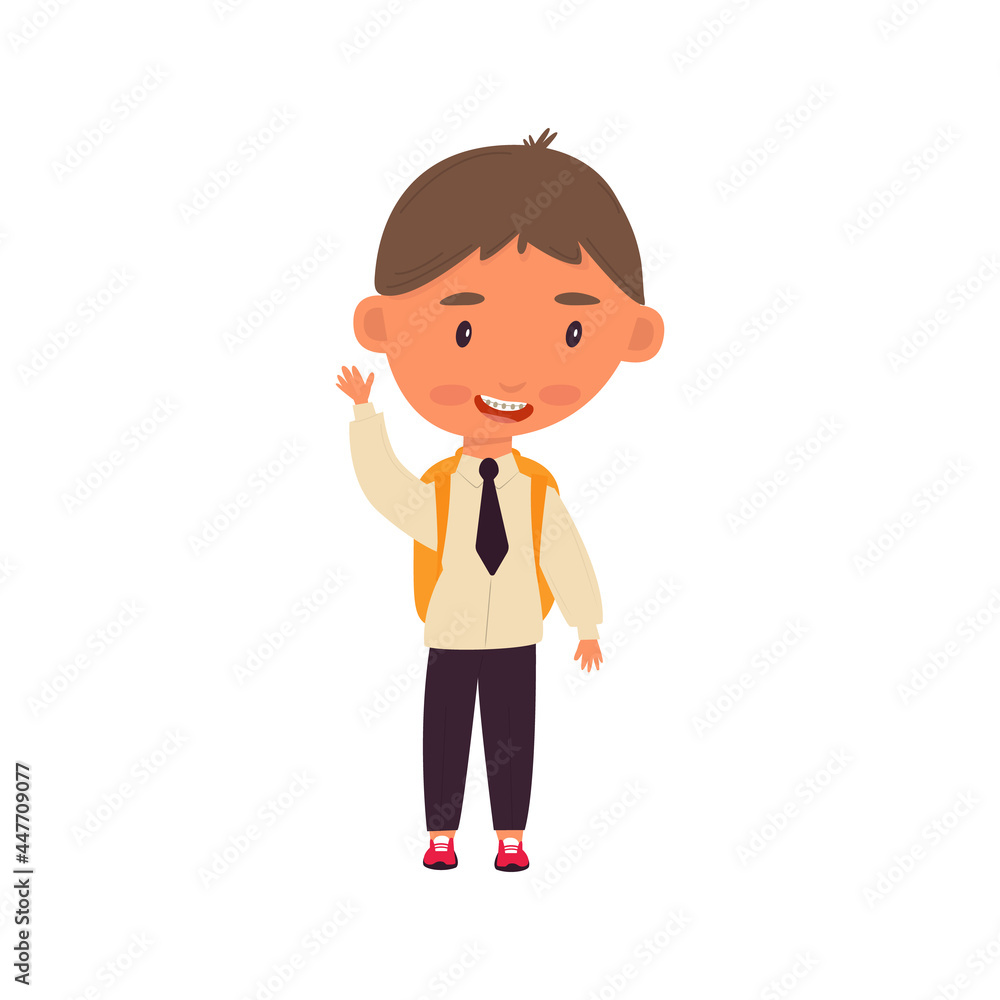 schoolboy with backpack. boy in school uniform. Braces on teeth. cartoon character. Isolated image. Vector illustration, flat
