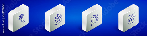 Set Isometric line Butterfly net, Ladybug, Beetle and Clothes moth icon. Vector