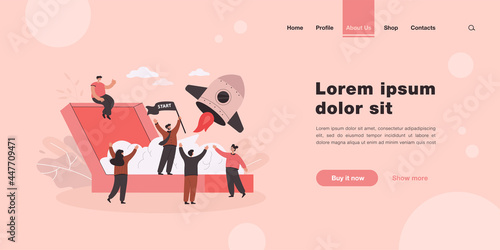 Cartoon launching new business project flat vector illustration. Team of people making startup with spaceship, developing creative idea together. Startup, teamwork, business concept for banner design