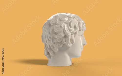 White marble ancient statue left side view of Renaissance epoch Antinous head portrait isolated on yellow background 3d rendering image