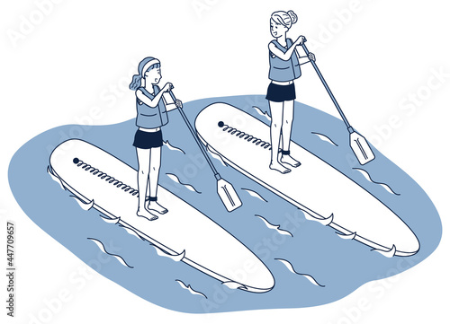 友達と海でSUPを楽しんでいる女性のアイソメトリック