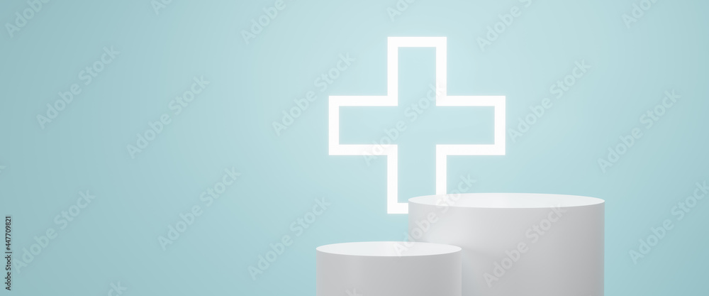 Obraz premium Abstract 3d geometric shape object illustration render, white podium in blue background, display for technology and medical business, advertising products, spa body care, relaxation, health