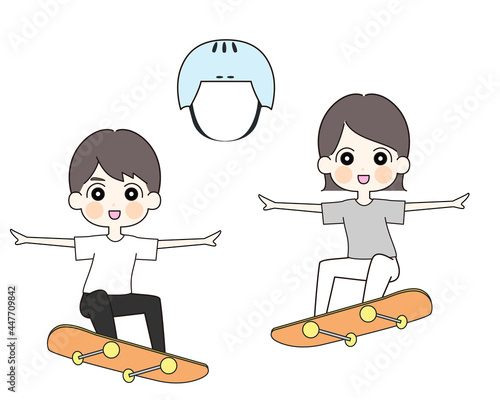スケートボード　ヘルメット　イラストセット