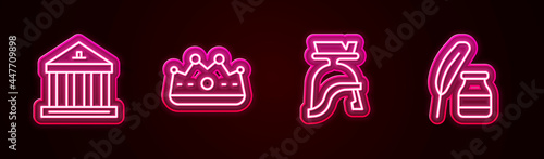 Set line Museum building, King crown, Roman army helmet and Feather and inkwell. Glowing neon icon. Vector