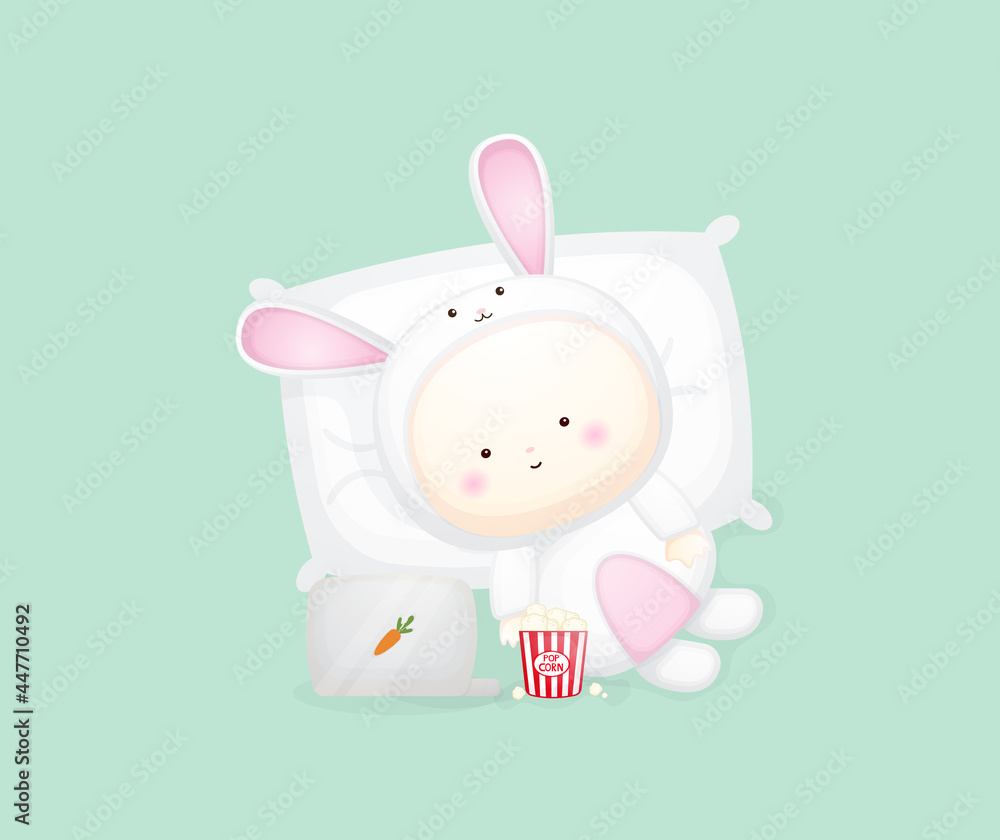 Cute baby in bunny costume lying and watching movie. cartoon illustration Premium Vector Cute baby in bunny costume lying and watching movie. cartoon illustration Premium Vector