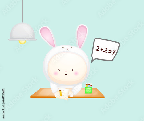 Cute baby in bunny costume learning. cartoon illustration Premium Vector