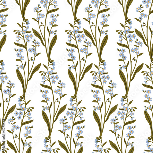 Cute blue branch of forget-me-not flower seamless pattern. Delicate summer herb texture. Vector background for paper  cover  fabric  interior decor.