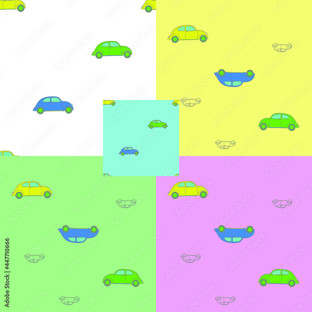 seamless  sets pattern with blue, yellow, green,  cars in different colors and designs for use in modern fabric packaging and digital products