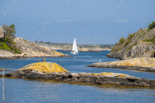 Sail boat crusing through swedish west coast archipelago photo