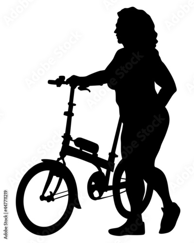 Young athlete whit bike on street. Isolated silhouette on a white background
