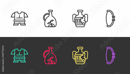 Set line Body armor, Bottle of olive oil, Broken amphorae and Medieval bow on black and white. Vector