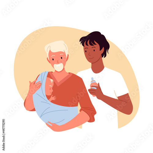 Gay couple people hugging little baby vector illustration. Cartoon male homosexual family parents adopting newborn baby child, lgbt parenting, parenthood and adoption concept isolated on white