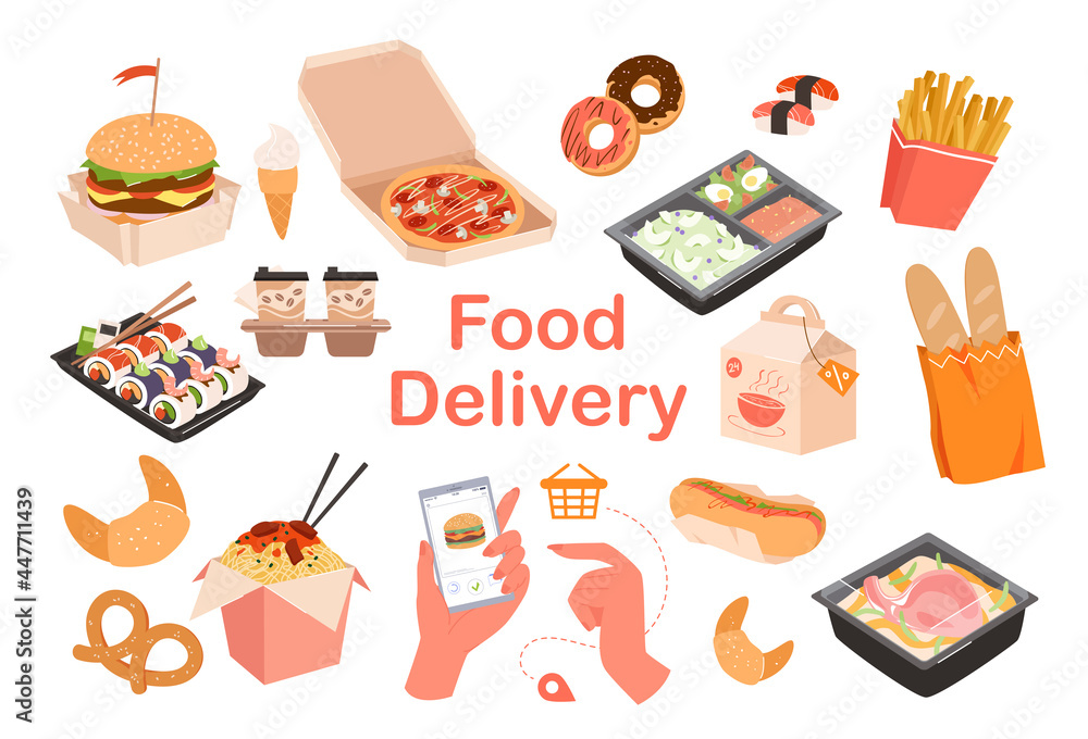 Food delivery lettering, catering service set vector illustration. Cartoon fastfood order menu collection with ice cream coffee pizza noodles donuts french fries hotdog baguette isolated on white