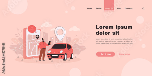 Happy man ordering taxi. Group of people sharing or renting car flat vector illustration. Carsharing, transportation, online car sharing service concept for banner, website design or landing web page