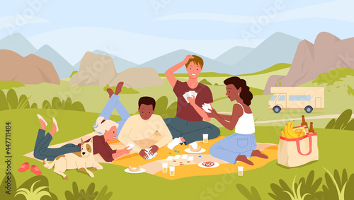 Cartoon urban cityscape with characters playing card game, drinking drinks and eating food from picnic bag together. Friends people on picnic party in summer city park landscape vector illustration