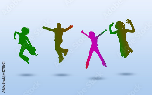 group of people dancing and  jumping in air blue white background and colorful silhouettes 