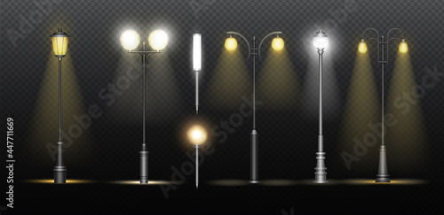 Lanterns on city street. Realistic classic alley lamppost collection with metal streetlights glowing with electric yellow and white lights, streetlamps on dark night background