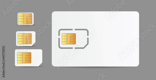 Realistic white simcards for mobile telephone smartphone collection with cellular gold micro chips for cellphone contact connection, wireless gsm technology. Phone sim card