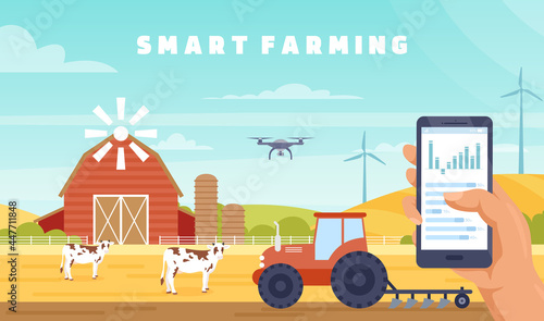 Smart farming agriculture technology vector illustration. Cartoon farmer hands holding mobile smartphone, using tech innovation for management of agricultural tractor machinery, drone, wind turbines