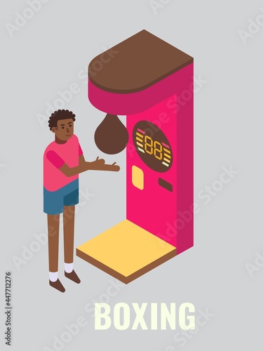 Punching, boxing arcade machine, vector isometric illustration. Game club attractions, fun activities, entertainment.