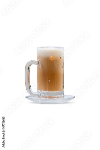 Iced coffee with ice in a glass isolated on white background.