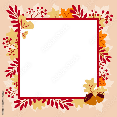 Attractive Vector frame with autumn leaves in bright color with space for text. Vector illustration.