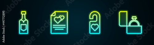 Set line Champagne bottle, Greeting card, Please do not disturb and Diamond engagement ring. Glowing neon icon. Vector