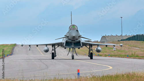 RAF Eurofighter Typhoon take off head on
