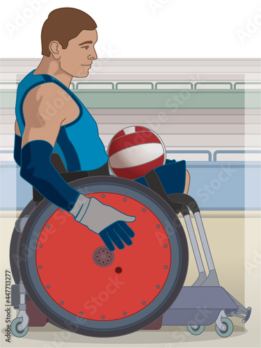para sports paralympic rugby, physical disabled male athlete sitting in specialized wheelchair with stadium in background