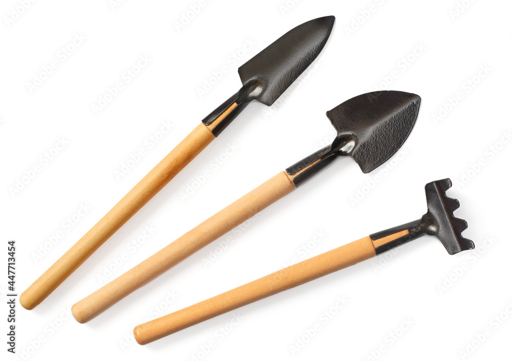 Gardening tools isolated on white background, top view Gardening tools isolated on white background, top view