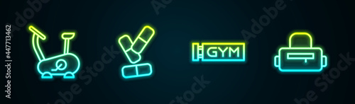 Set line Stationary bicycle, Vitamin pill, Location gym and Sport bag. Glowing neon icon. Vector