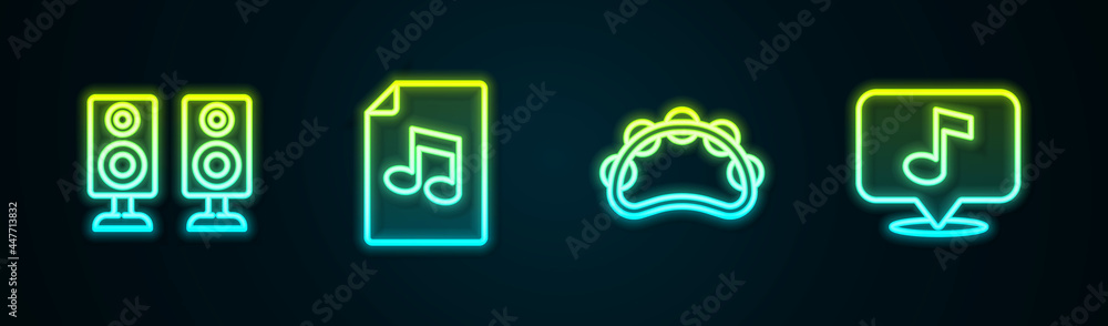 Set line Stereo speaker, Music book with note, Tambourine and Musical. Glowing neon icon. Vector