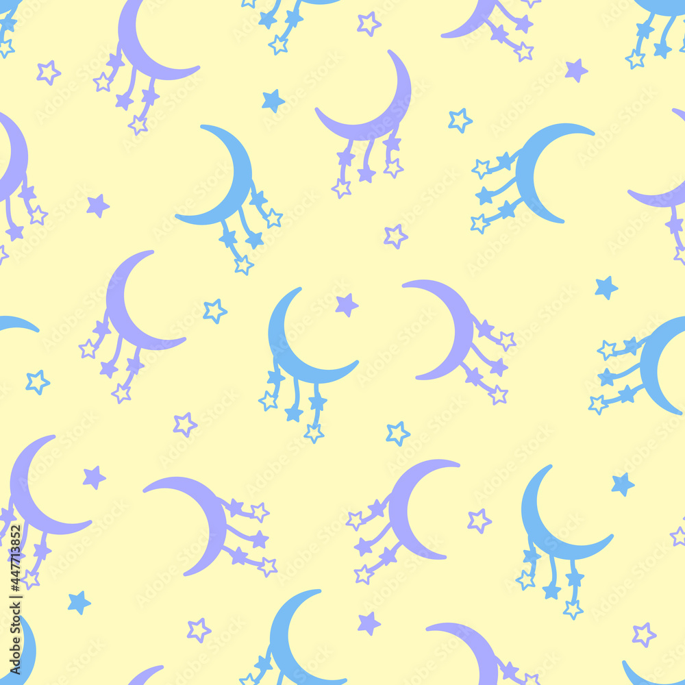 Seamless pattern of the moon and stars in soft pastel colors. Vector repeating illustration for children's bedrooms and clothes. Seamless pattern of the moon and stars in soft pastel colors. Vector repeating illustration for children's bedrooms and clothes.