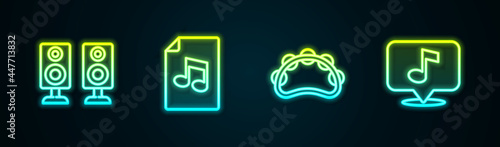 Set line Stereo speaker, Music book with note, Tambourine and Musical. Glowing neon icon. Vector