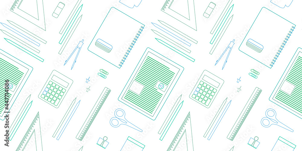 Back to school pattern. Online digital education, school supplies, course concept seamless background design, line art style with digital tablet, calculator, classroom Back to school pattern. Online digital education, school supplies, course concept seamless background design, line art style with digital tablet, calculator, classroom