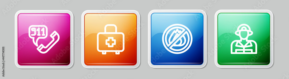 Set line Telephone call 911, First aid kit, No fire and Firefighter. Colorful square button. Vector Set line Telephone call 911, First aid kit, No fire and Firefighter. Colorful square button. Vector
