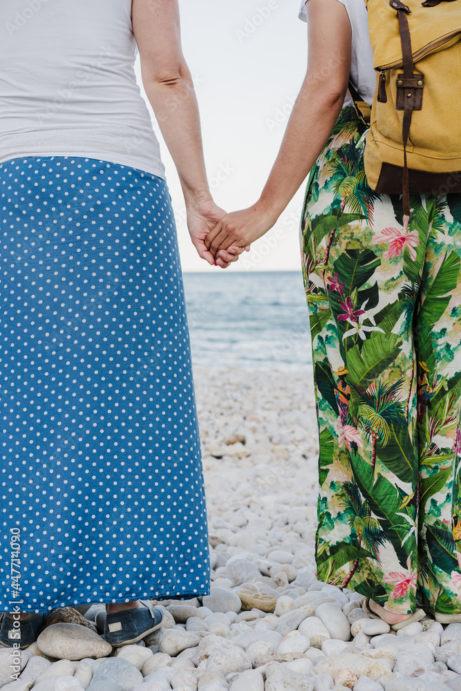 back and close up view of lesbian couple holding hands at the beach during sunset. Love is love and LGTBI concept