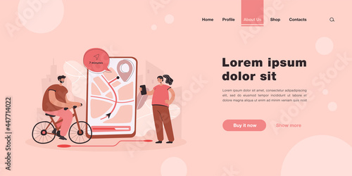 Tiny people using mobile app for navigation in city flat vector illustration. Cartoon characters watching map on phone application. Delivery service, journey and tracking technology concept