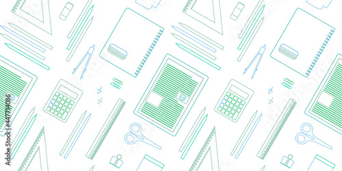 Back to school pattern. Online digital education, school supplies, course concept seamless background design,  line art style with digital tablet, calculator, classroom