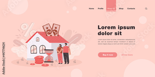 People buying home with mortgage loan flat vector illustration. Young couple paying credit to bank for being owners of private house property. Mortgage and rent concept for landing page or design