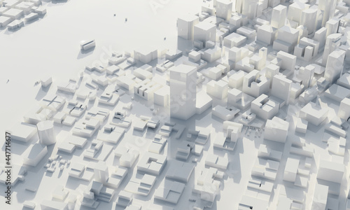 Skyscraper and metropolis city in monochrome. Architecture and Business city plan concept. Low polygon cityscape scene. Blueprint for mega project theme. Copy space. 3D illustration rendering