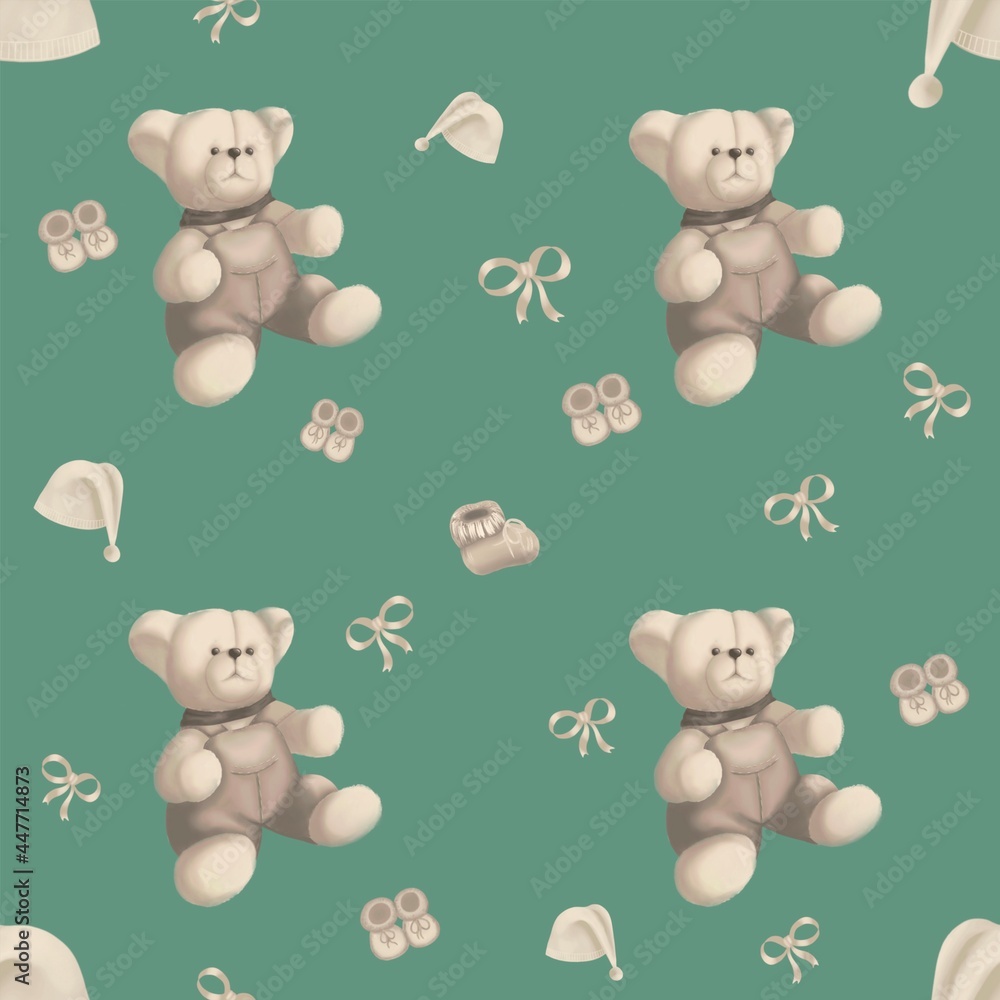 Obraz premium a bright children's pattern with a bear a toy and children's objects