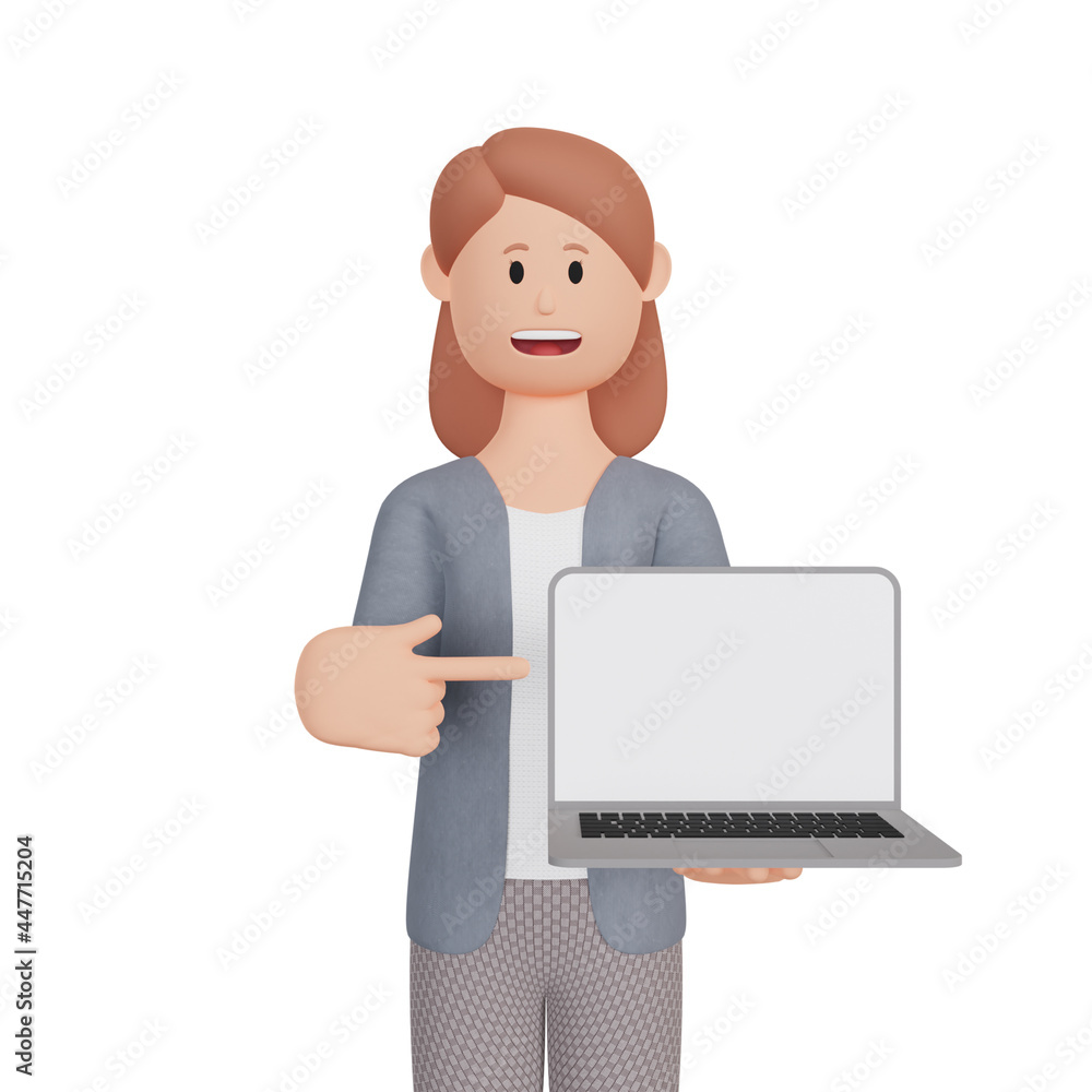 3d rendering smiling woman character pointing up laptop. 3d rendering smiling woman character pointing up laptop.