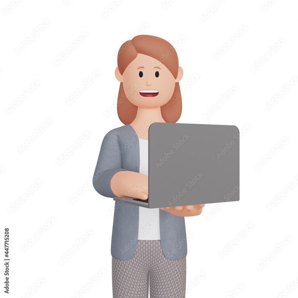 3d rendering smiling woman character with laptop 3d rendering smiling woman character with laptop