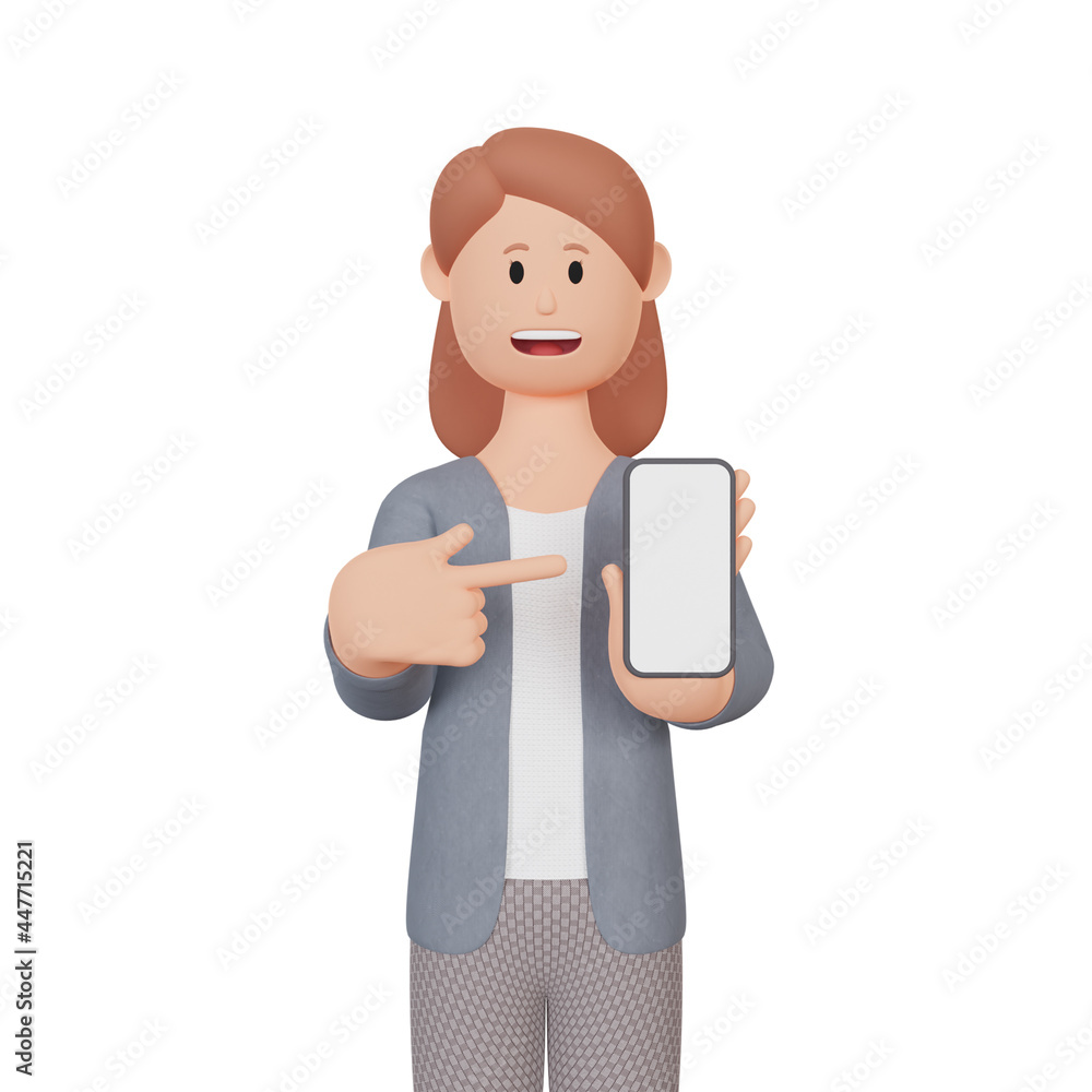 3d rendering female character pointing up smartphone. 3d rendering female character pointing up smartphone.