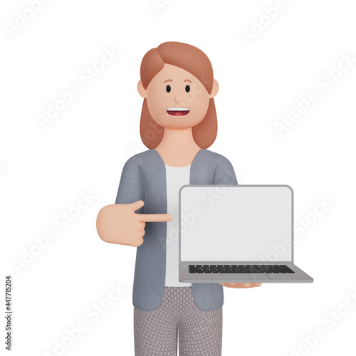 3d rendering smiling woman character pointing up laptop.