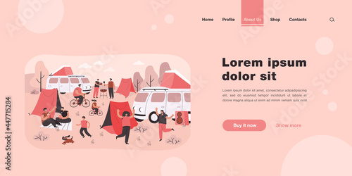 Summer festival and tourist group camping outdoor. Flat vector illustration. People enjoying nature in camp site with bonfire, caravans, cars, vans, trailers around. Vacation, nature, camping concept